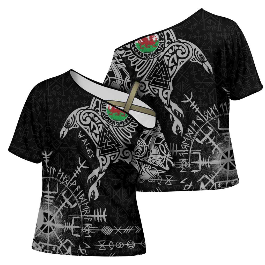 Wales Viking Ravens Cross Shoulder Shirt Vegvisir Runes Pattern - Wonder Print Shop