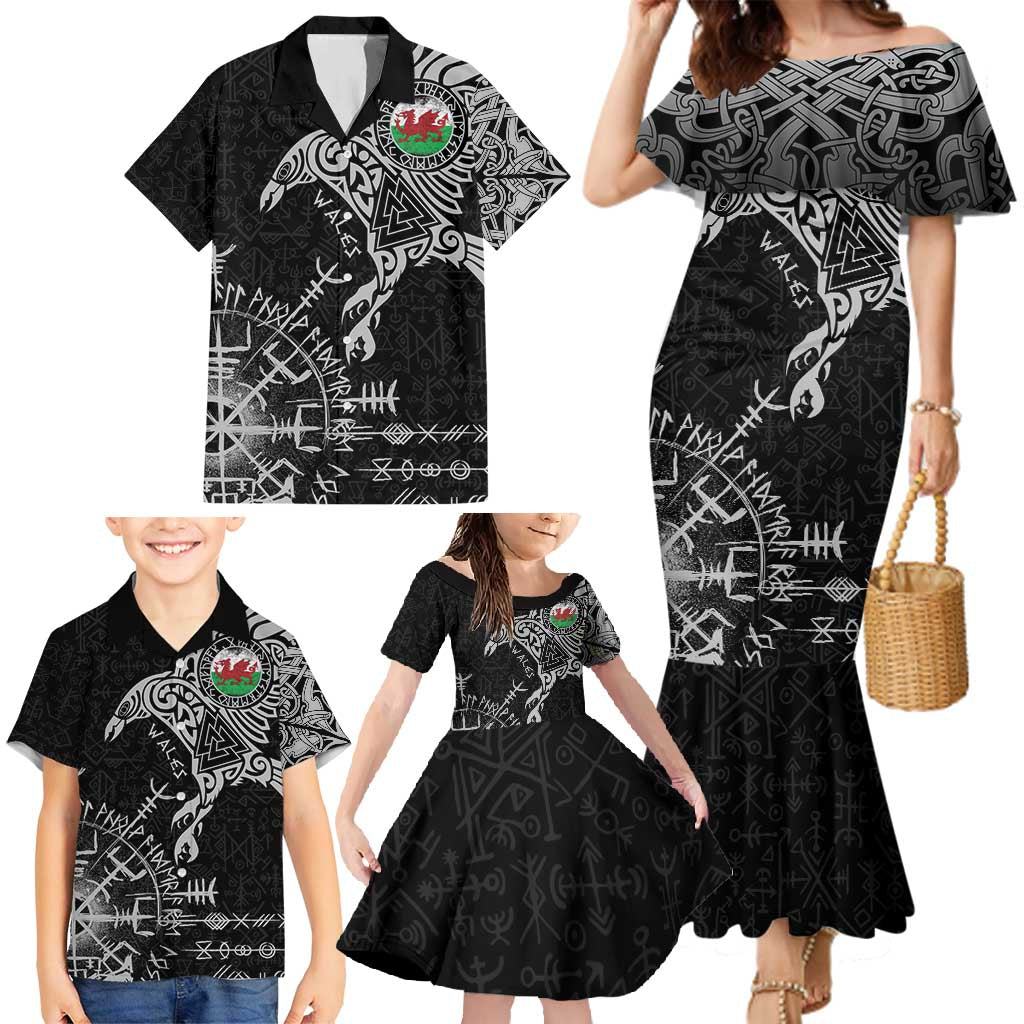 Wales Viking Ravens Family Matching Mermaid Dress and Hawaiian Shirt Vegvisir Runes Pattern - Wonder Print Shop