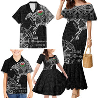 Wales Viking Ravens Family Matching Mermaid Dress and Hawaiian Shirt Vegvisir Runes Pattern - Wonder Print Shop