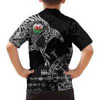 Wales Viking Ravens Family Matching Off The Shoulder Long Sleeve Dress and Hawaiian Shirt Vegvisir Runes Pattern - Wonder Print Shop