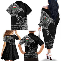 Wales Viking Ravens Family Matching Off The Shoulder Long Sleeve Dress and Hawaiian Shirt Vegvisir Runes Pattern - Wonder Print Shop