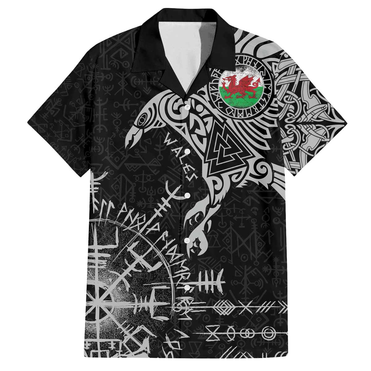 Wales Viking Ravens Family Matching Off The Shoulder Long Sleeve Dress and Hawaiian Shirt Vegvisir Runes Pattern - Wonder Print Shop