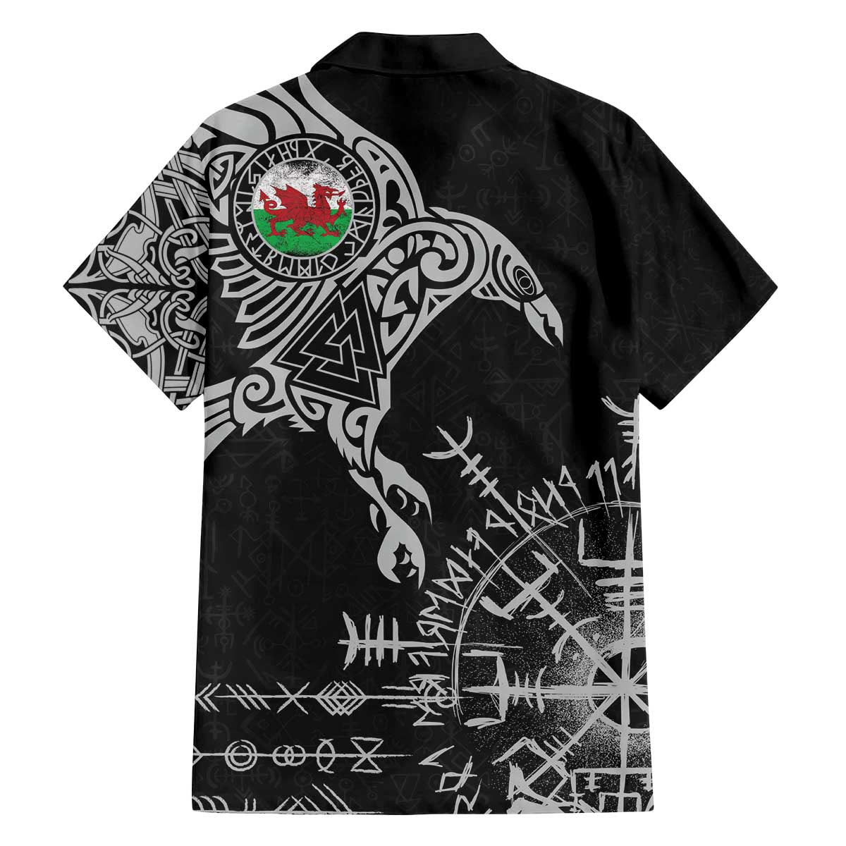 Wales Viking Ravens Family Matching Off The Shoulder Long Sleeve Dress and Hawaiian Shirt Vegvisir Runes Pattern - Wonder Print Shop