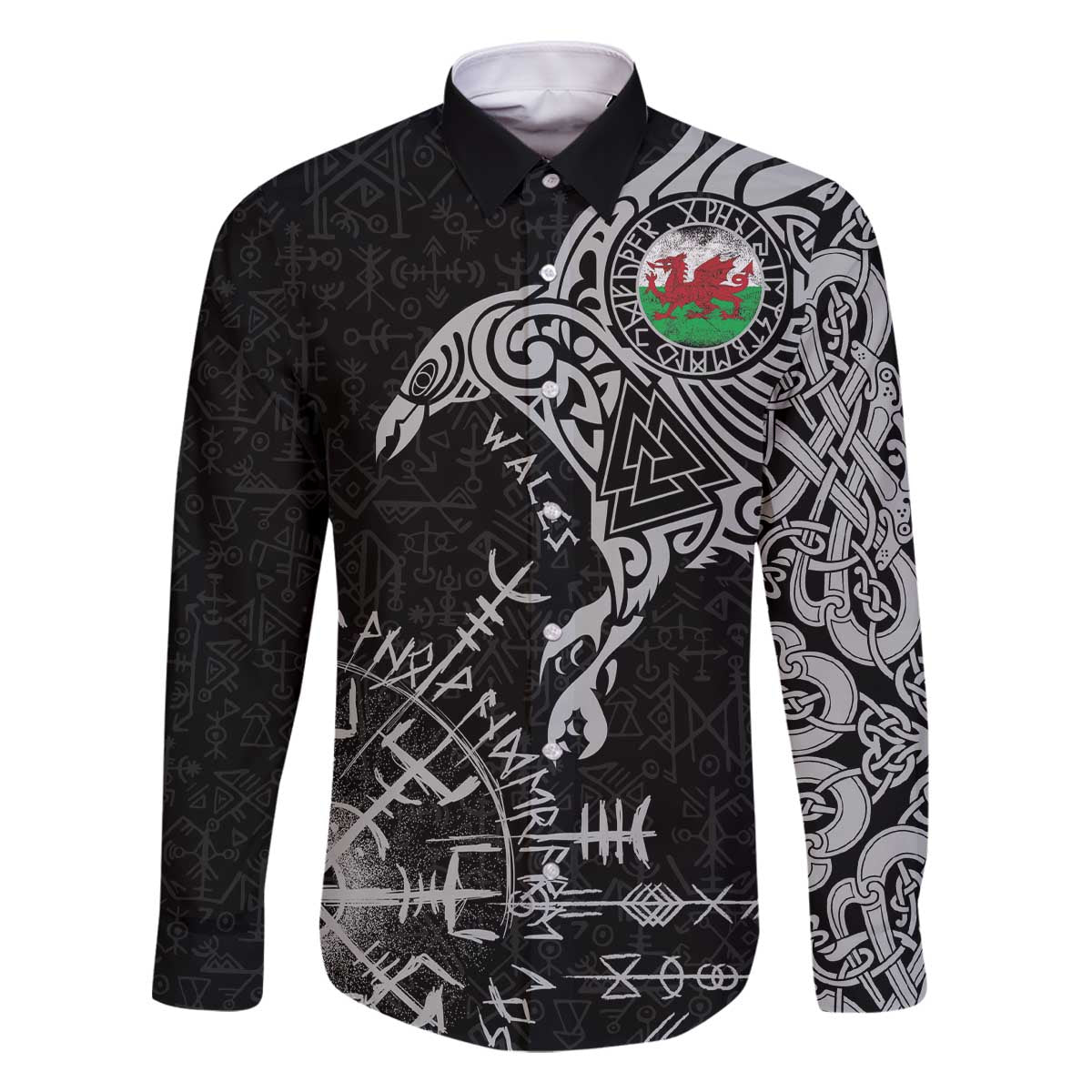 Wales Viking Ravens Family Matching Off The Shoulder Long Sleeve Dress and Hawaiian Shirt Vegvisir Runes Pattern - Wonder Print Shop