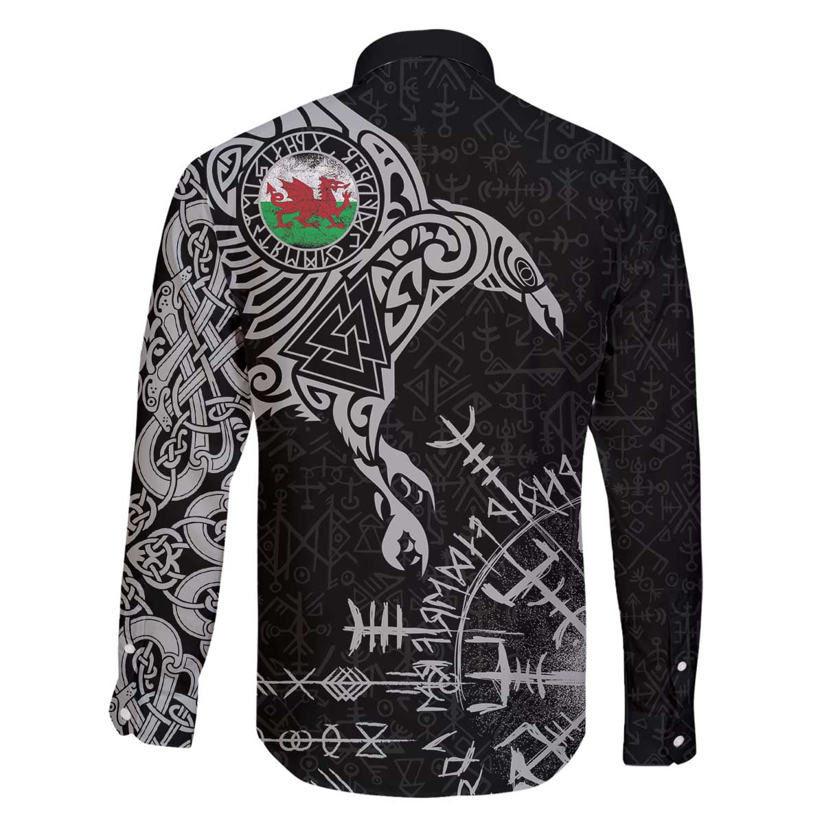 Wales Viking Ravens Family Matching Off The Shoulder Long Sleeve Dress and Hawaiian Shirt Vegvisir Runes Pattern - Wonder Print Shop