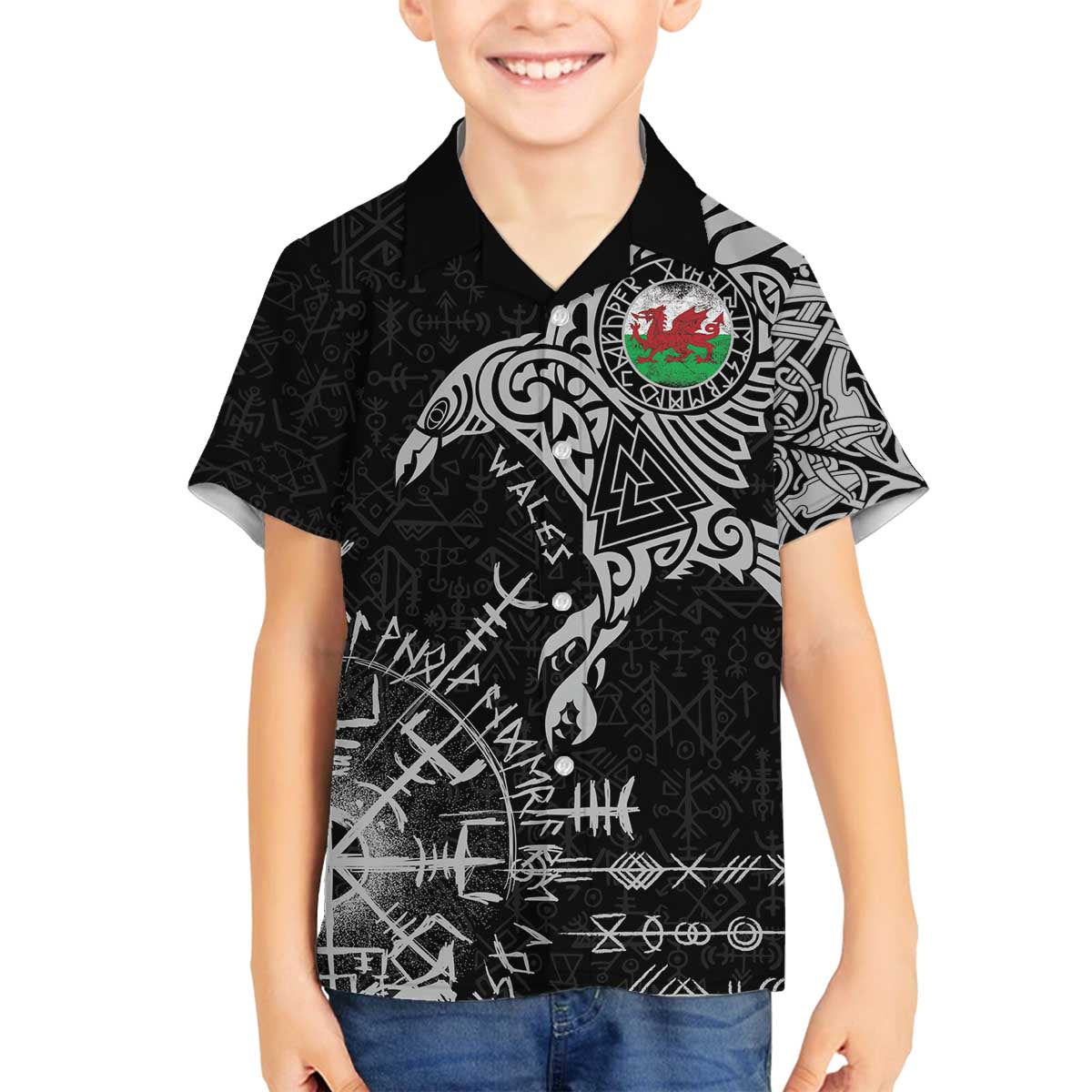Wales Viking Ravens Family Matching Off The Shoulder Long Sleeve Dress and Hawaiian Shirt Vegvisir Runes Pattern - Wonder Print Shop
