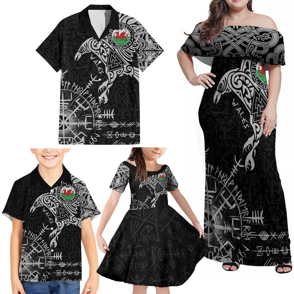 Wales Viking Ravens Family Matching Off Shoulder Maxi Dress and Hawaiian Shirt Vegvisir Runes Pattern - Wonder Print Shop