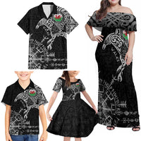 Wales Viking Ravens Family Matching Off Shoulder Maxi Dress and Hawaiian Shirt Vegvisir Runes Pattern - Wonder Print Shop