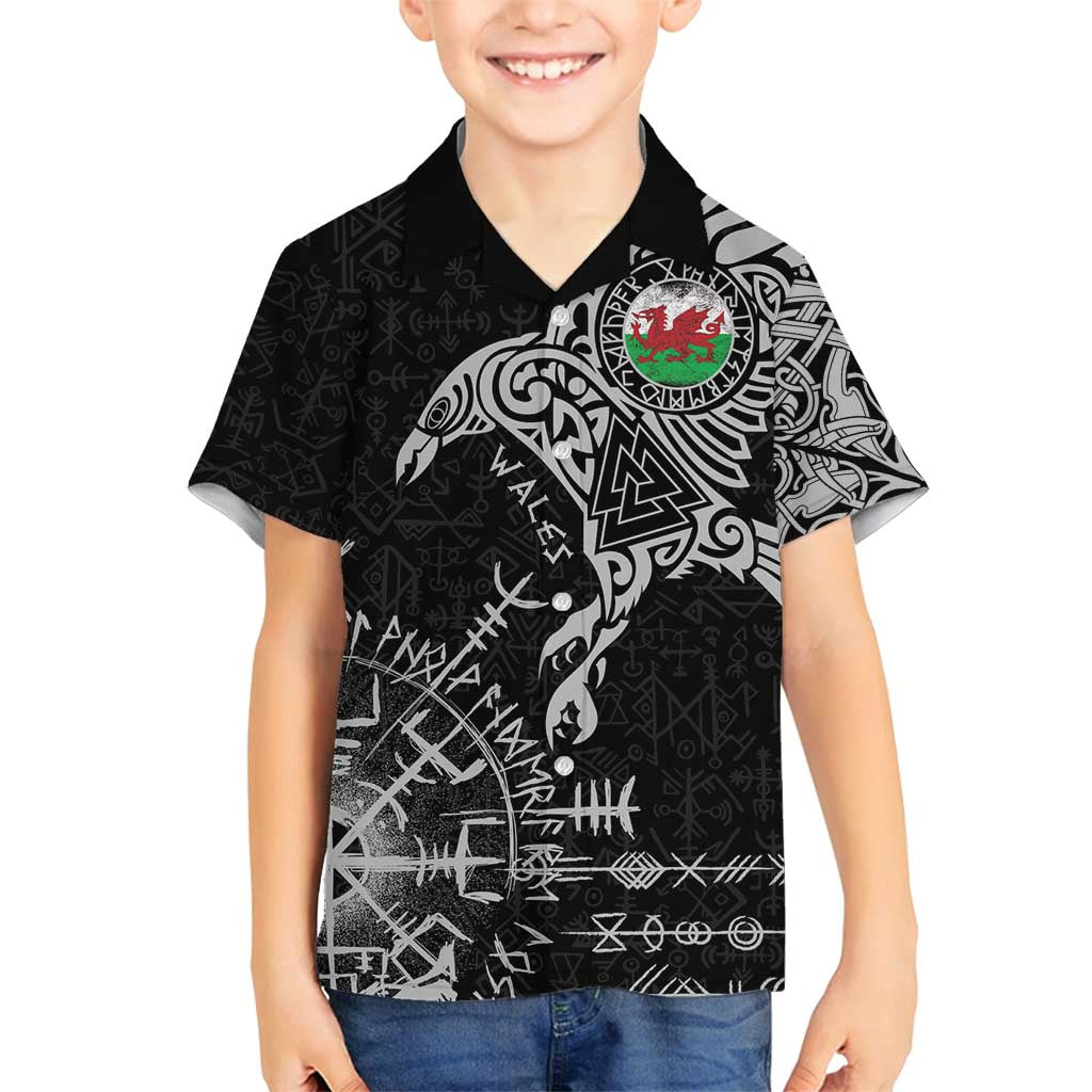 Wales Viking Ravens Family Matching Off Shoulder Maxi Dress and Hawaiian Shirt Vegvisir Runes Pattern - Wonder Print Shop