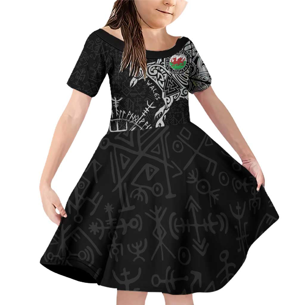 Wales Viking Ravens Family Matching Off Shoulder Short Dress and Hawaiian Shirt Vegvisir Runes Pattern - Wonder Print Shop