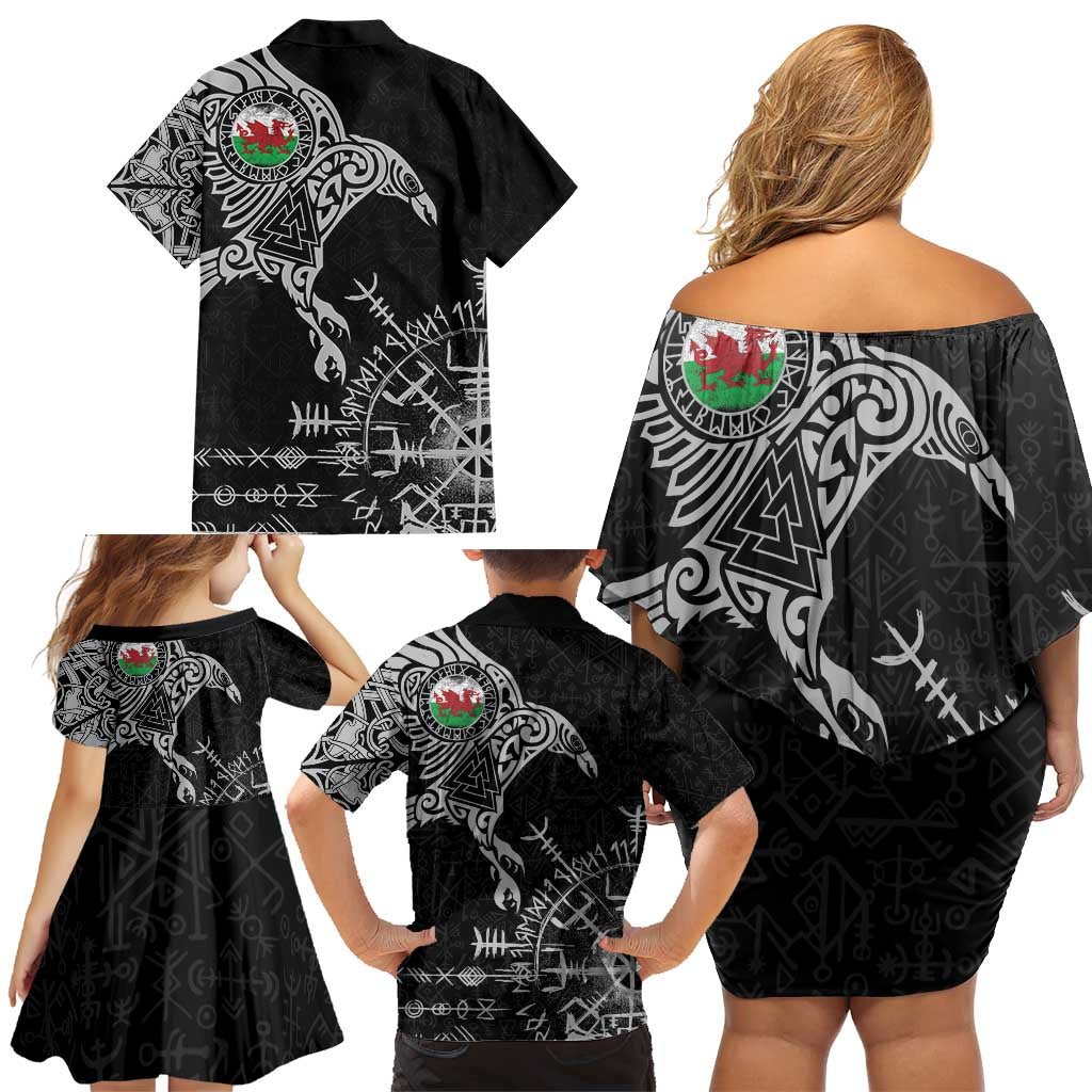 Wales Viking Ravens Family Matching Off Shoulder Short Dress and Hawaiian Shirt Vegvisir Runes Pattern - Wonder Print Shop