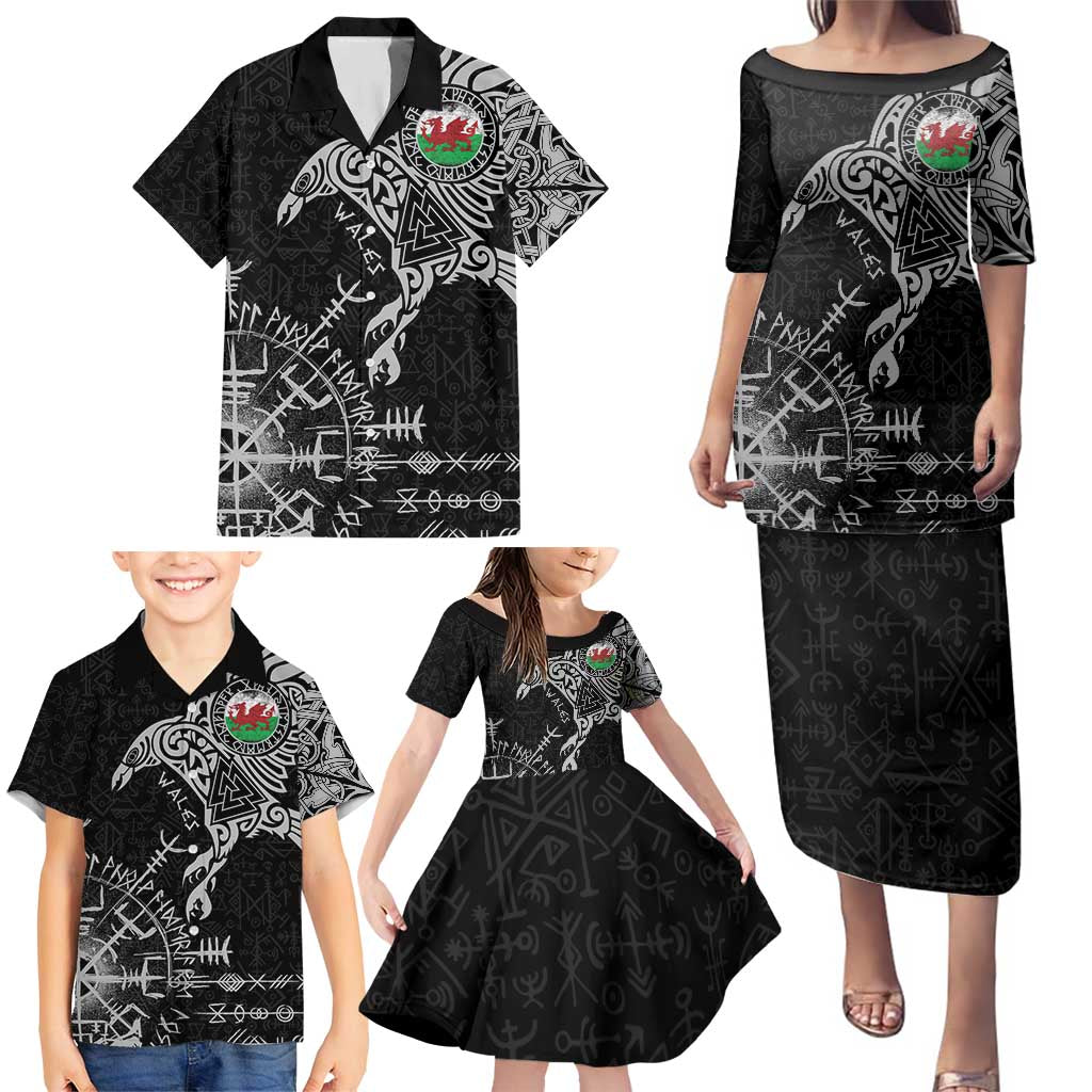 Wales Viking Ravens Family Matching Puletasi and Hawaiian Shirt Vegvisir Runes Pattern - Wonder Print Shop