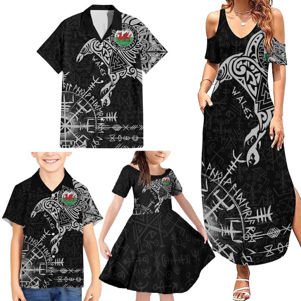 Wales Viking Ravens Family Matching Summer Maxi Dress and Hawaiian Shirt Vegvisir Runes Pattern - Wonder Print Shop