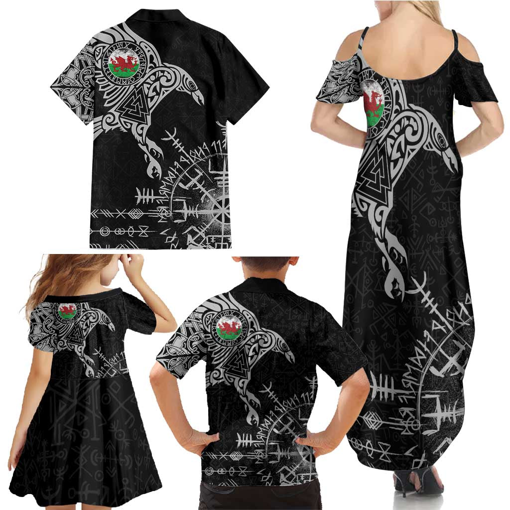 Wales Viking Ravens Family Matching Summer Maxi Dress and Hawaiian Shirt Vegvisir Runes Pattern - Wonder Print Shop