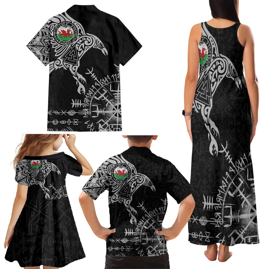 Wales Viking Ravens Family Matching Tank Maxi Dress and Hawaiian Shirt Vegvisir Runes Pattern - Wonder Print Shop
