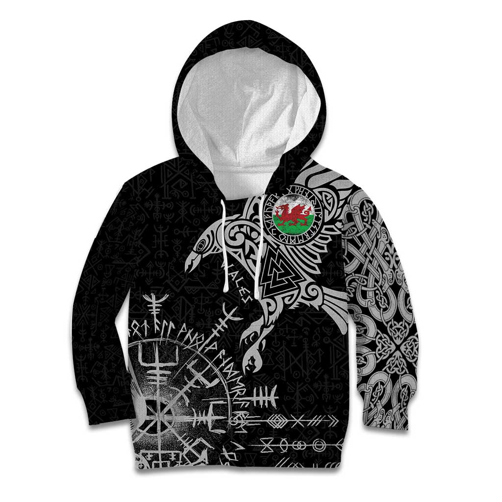 Wales Viking Ravens Kid Hoodie Vegvisir Runes Pattern - Wonder Print Shop
