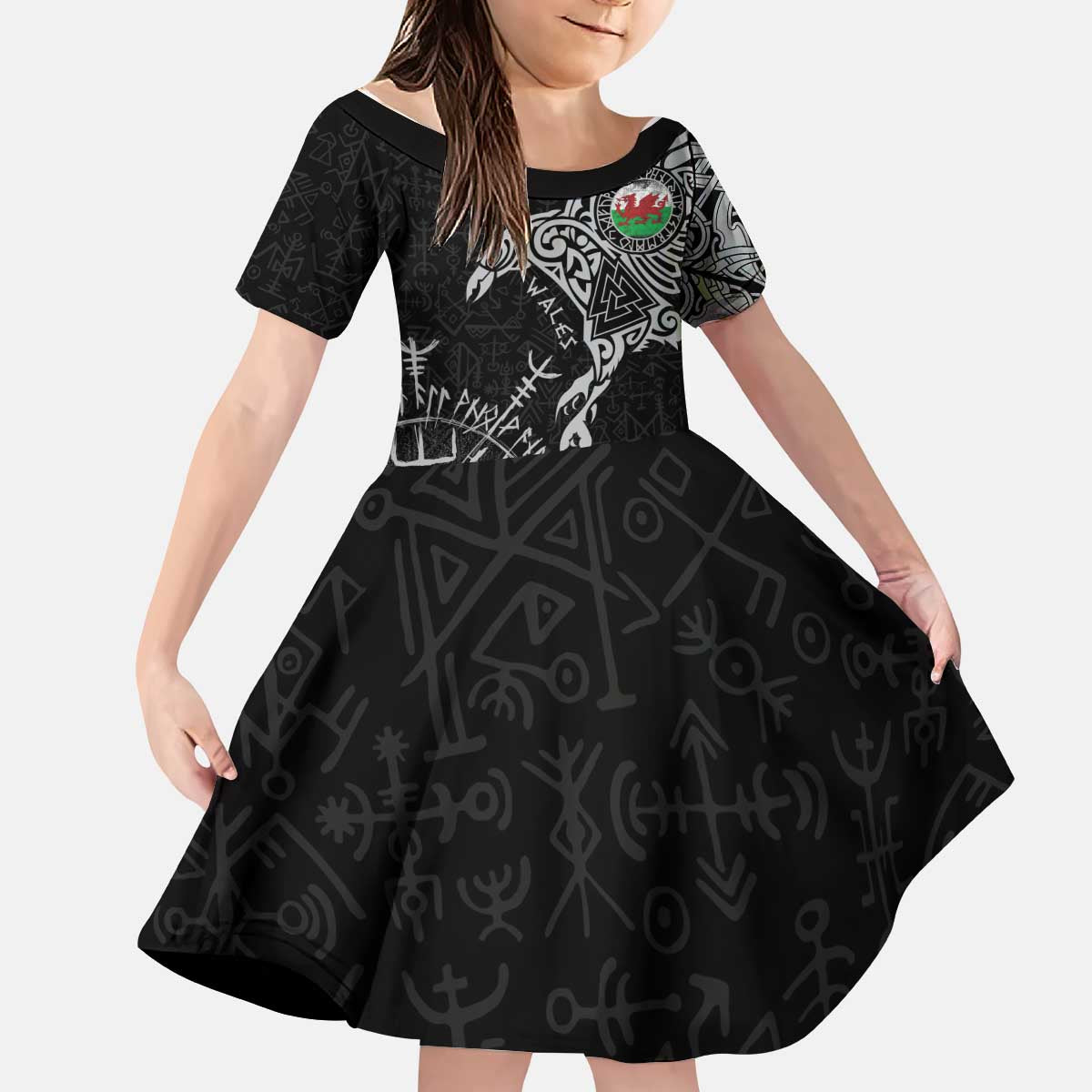 Wales Viking Ravens Kid Short Sleeve Dress Vegvisir Runes Pattern - Wonder Print Shop