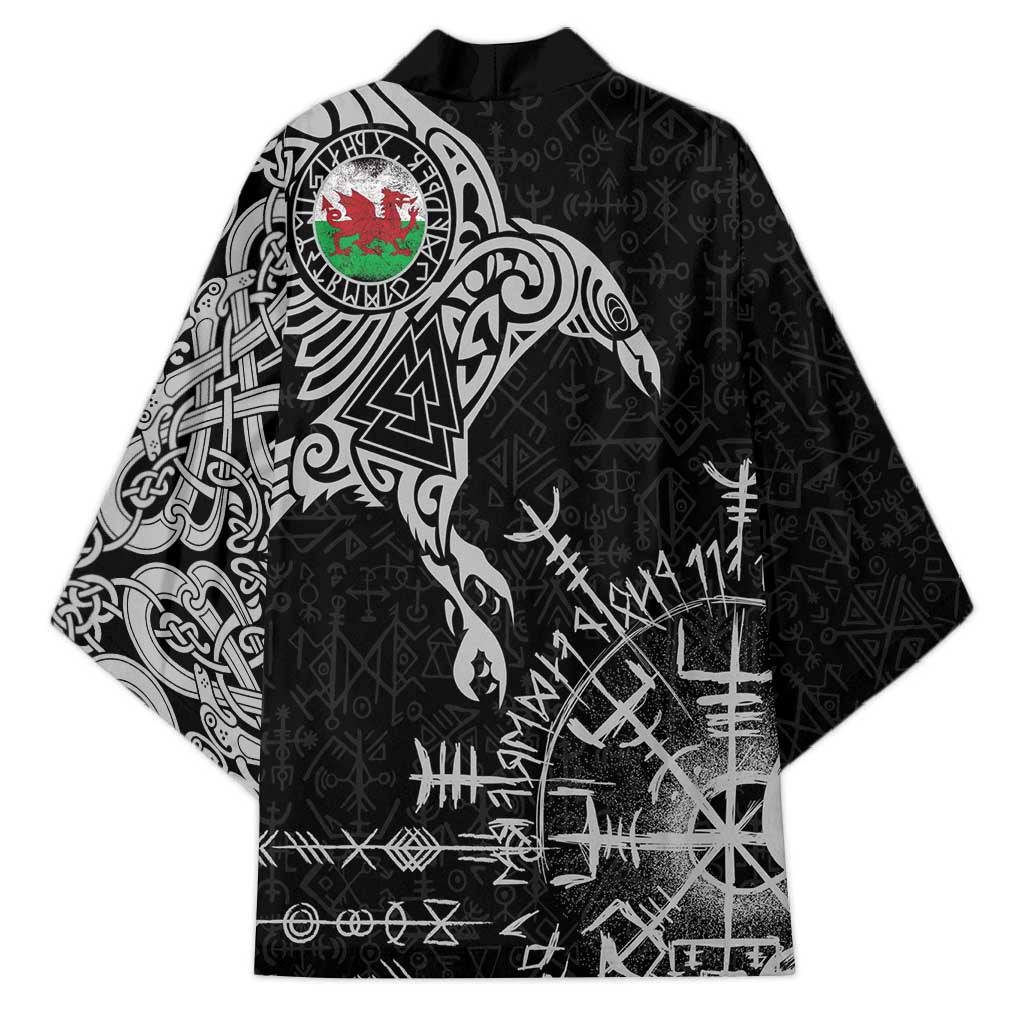 Wales Viking Ravens Kimono Vegvisir Runes Pattern - Wonder Print Shop
