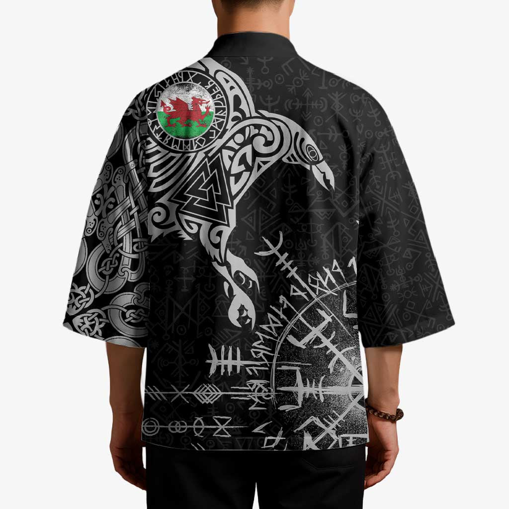 Wales Viking Ravens Kimono Vegvisir Runes Pattern - Wonder Print Shop