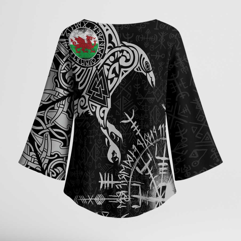 Wales Viking Ravens Kimono Sleeve Blouse Vegvisir Runes Pattern - Wonder Print Shop