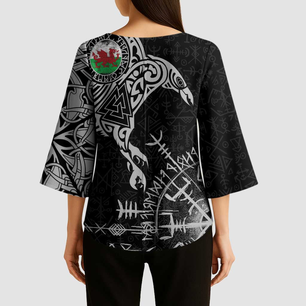 Wales Viking Ravens Kimono Sleeve Blouse Vegvisir Runes Pattern - Wonder Print Shop