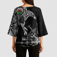 Wales Viking Ravens Kimono Sleeve Blouse Vegvisir Runes Pattern - Wonder Print Shop
