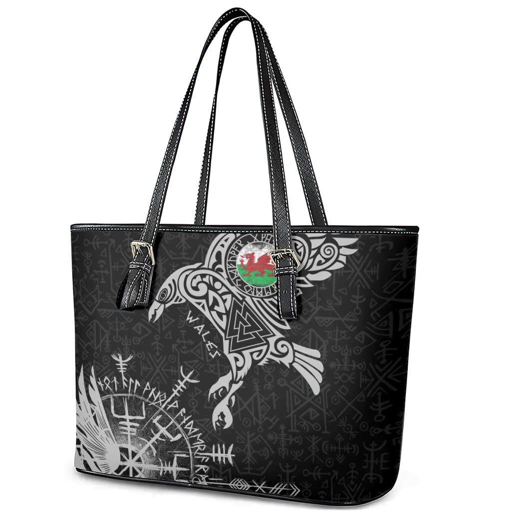 Wales Viking Ravens Leather Tote Bag Vegvisir Runes Pattern - Wonder Print Shop
