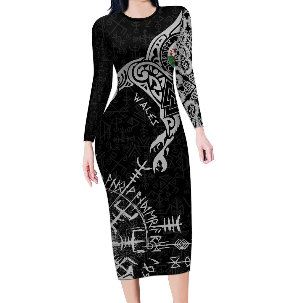 Wales Viking Ravens Long Sleeve Bodycon Dress Vegvisir Runes Pattern - Wonder Print Shop