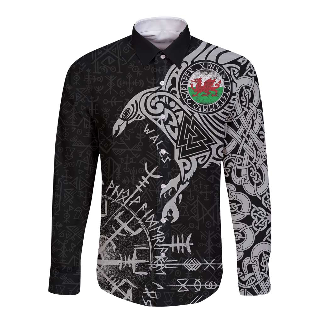 Wales Viking Ravens Long Sleeve Button Shirt Vegvisir Runes Pattern - Wonder Print Shop