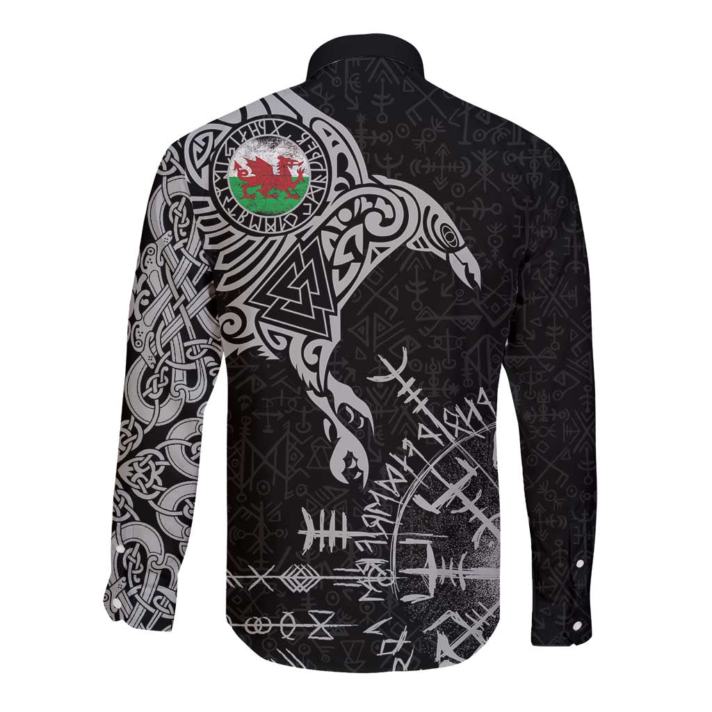 Wales Viking Ravens Long Sleeve Button Shirt Vegvisir Runes Pattern - Wonder Print Shop