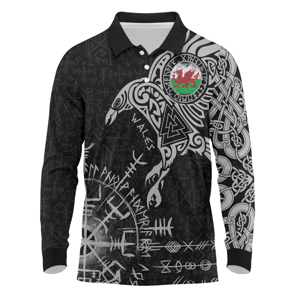 Wales Viking Ravens Long Sleeve Polo Shirt Vegvisir Runes Pattern - Wonder Print Shop