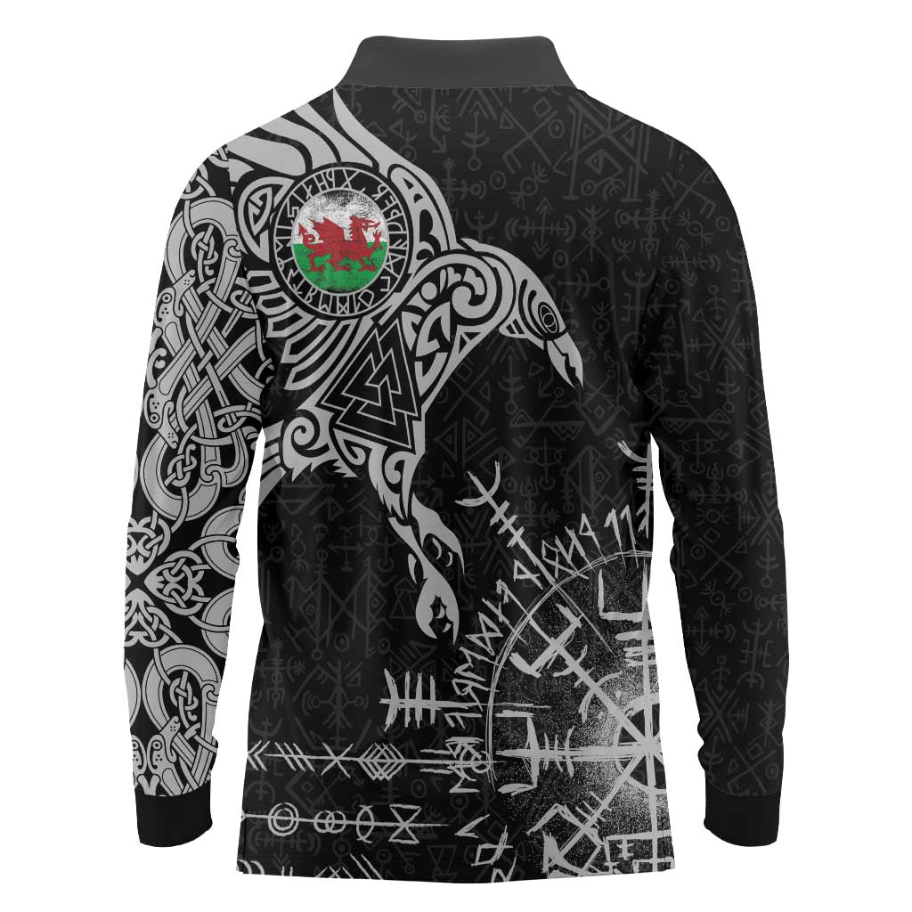 Wales Viking Ravens Long Sleeve Polo Shirt Vegvisir Runes Pattern - Wonder Print Shop