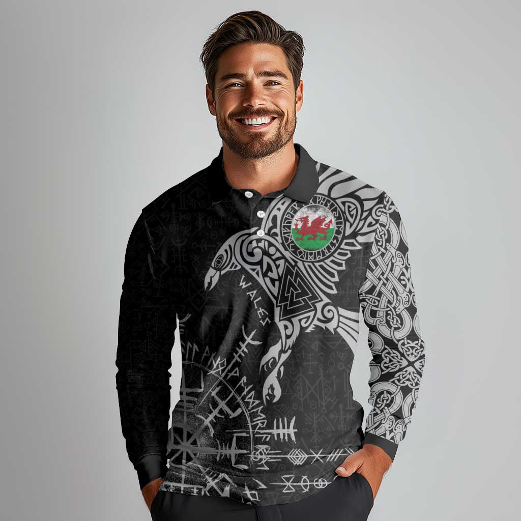 Wales Viking Ravens Long Sleeve Polo Shirt Vegvisir Runes Pattern - Wonder Print Shop