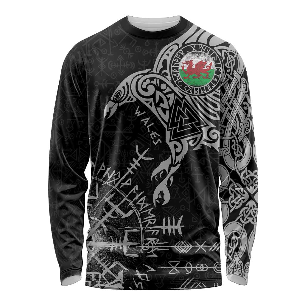 Wales Viking Ravens Long Sleeve Shirt Vegvisir Runes Pattern - Wonder Print Shop