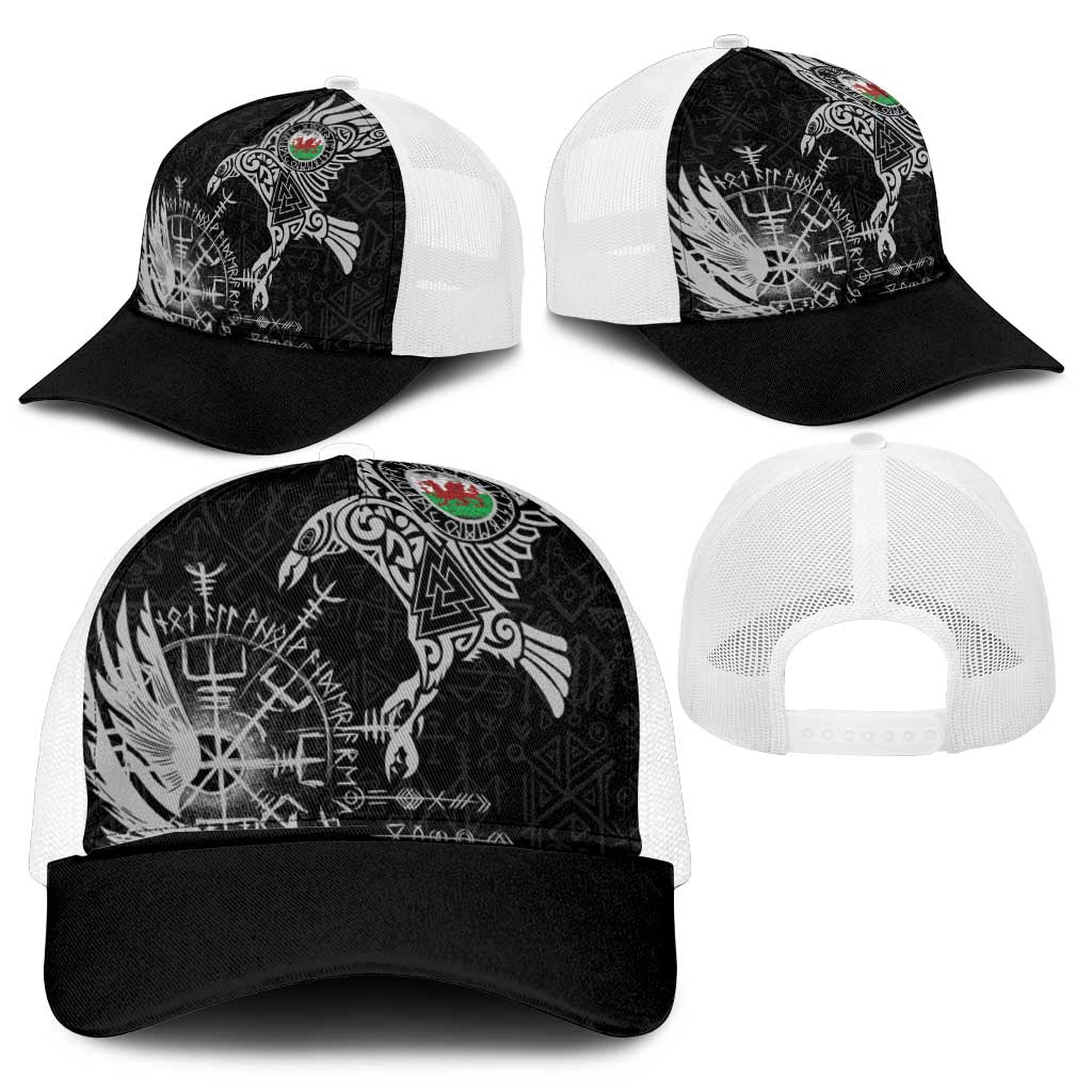 Wales Viking Ravens Mesh Trucker Cap Vegvisir Runes Pattern - Wonder Print Shop