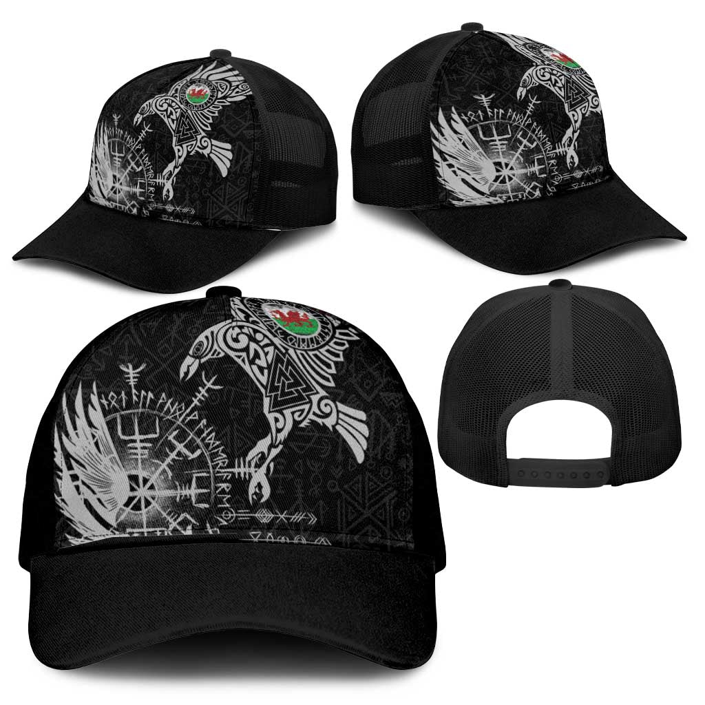 Wales Viking Ravens Mesh Trucker Cap Vegvisir Runes Pattern - Wonder Print Shop