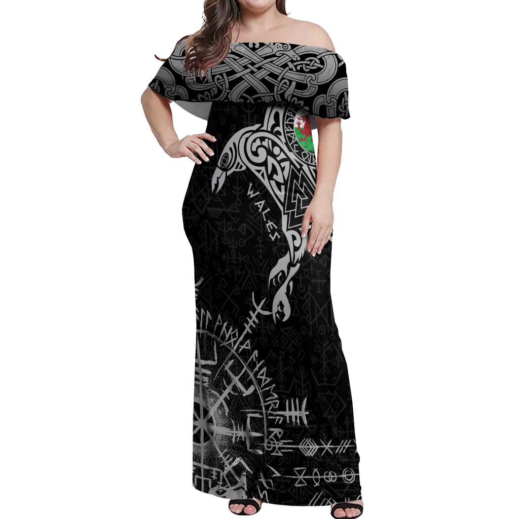 Wales Viking Ravens Off Shoulder Maxi Dress Vegvisir Runes Pattern - Wonder Print Shop