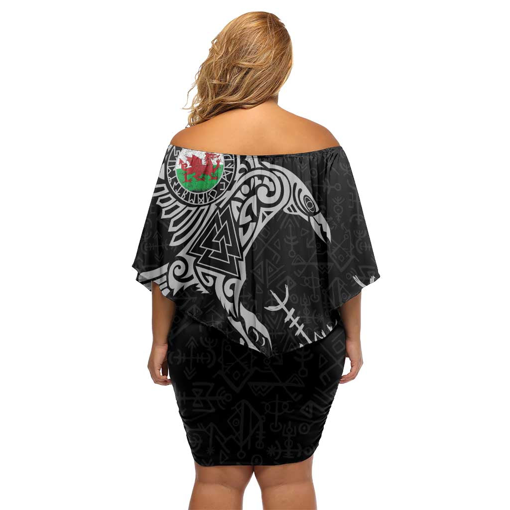 Wales Viking Ravens Off Shoulder Short Dress Vegvisir Runes Pattern - Wonder Print Shop