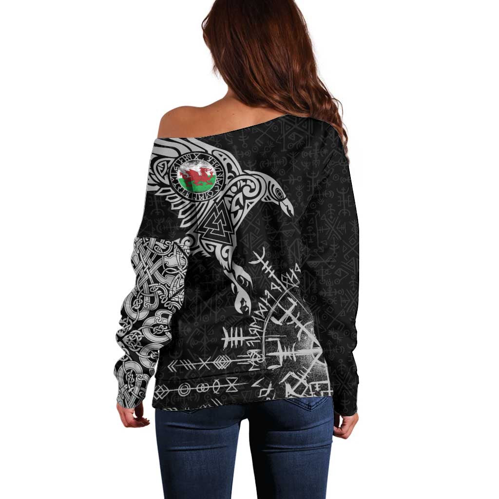 Wales Viking Ravens Off Shoulder Sweater Vegvisir Runes Pattern - Wonder Print Shop