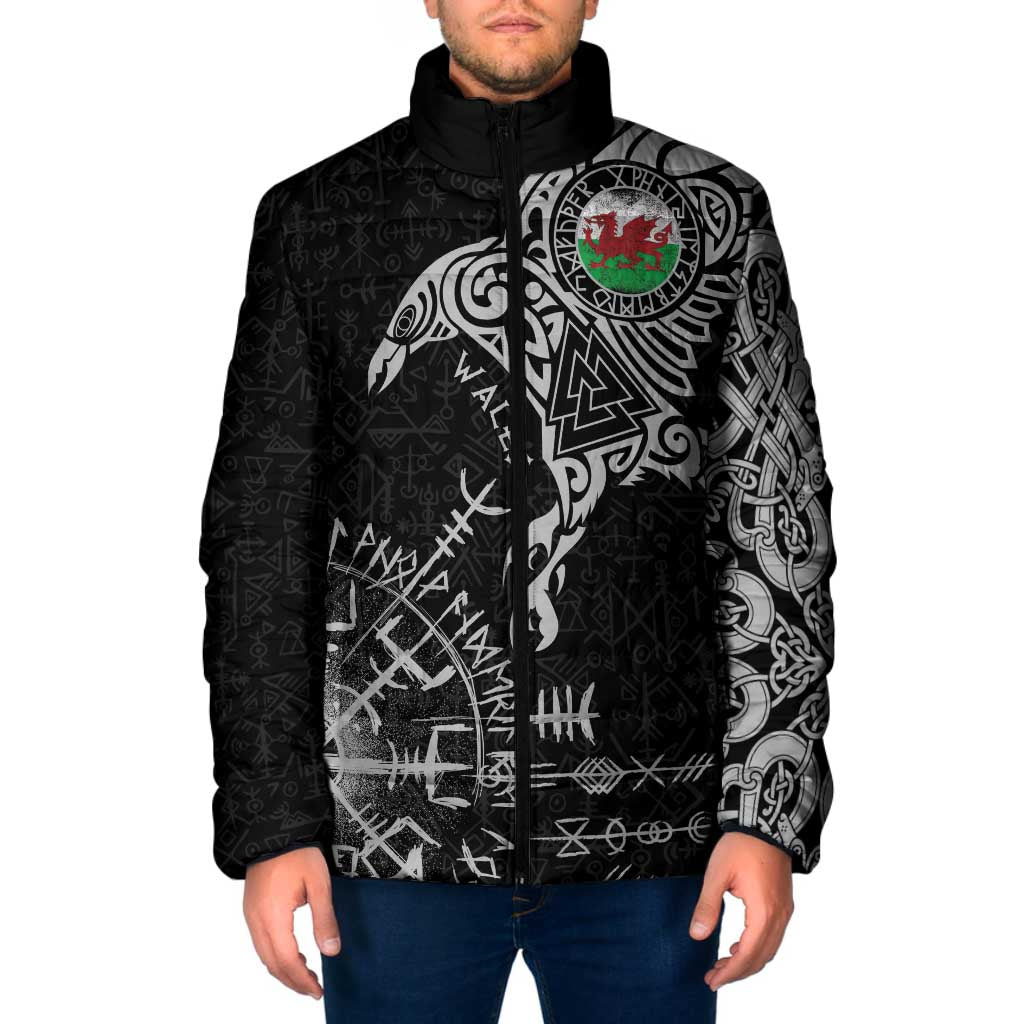 Wales Viking Ravens Padded Jacket Vegvisir Runes Pattern - Wonder Print Shop