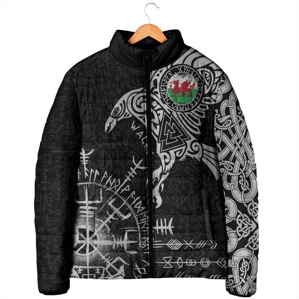 Wales Viking Ravens Padded Jacket Vegvisir Runes Pattern - Wonder Print Shop