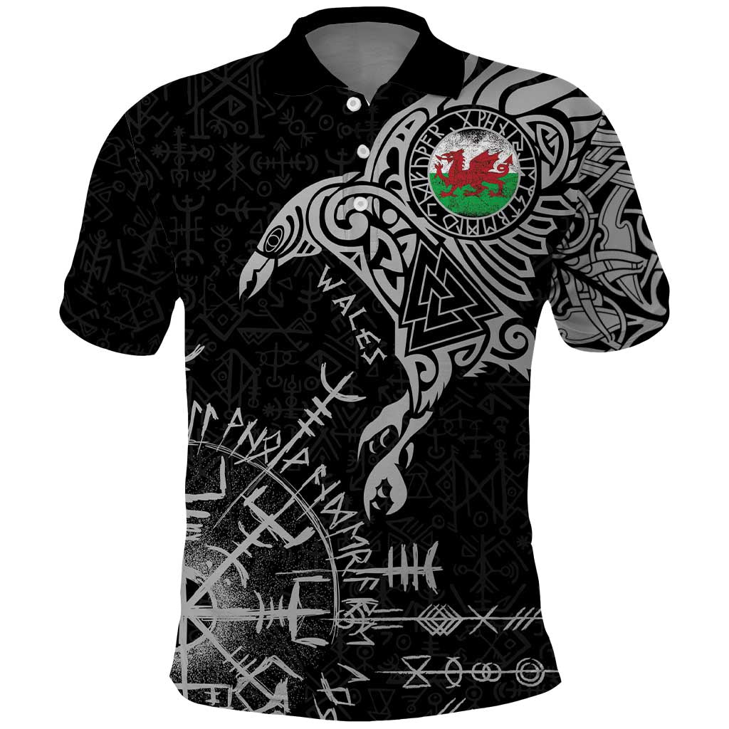 Wales Viking Ravens Polo Shirt Vegvisir Runes Pattern - Wonder Print Shop