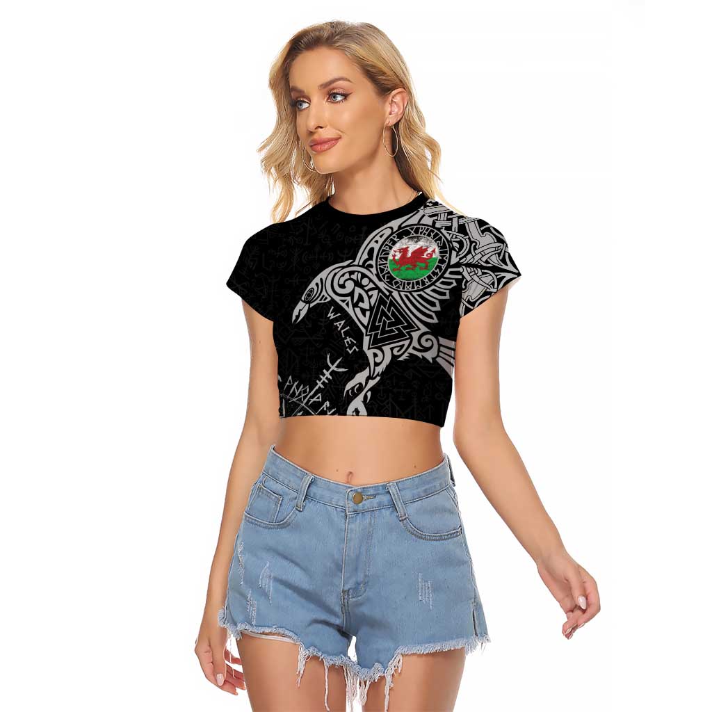 Wales Viking Ravens Raglan Cropped T Shirt Vegvisir Runes Pattern - Wonder Print Shop