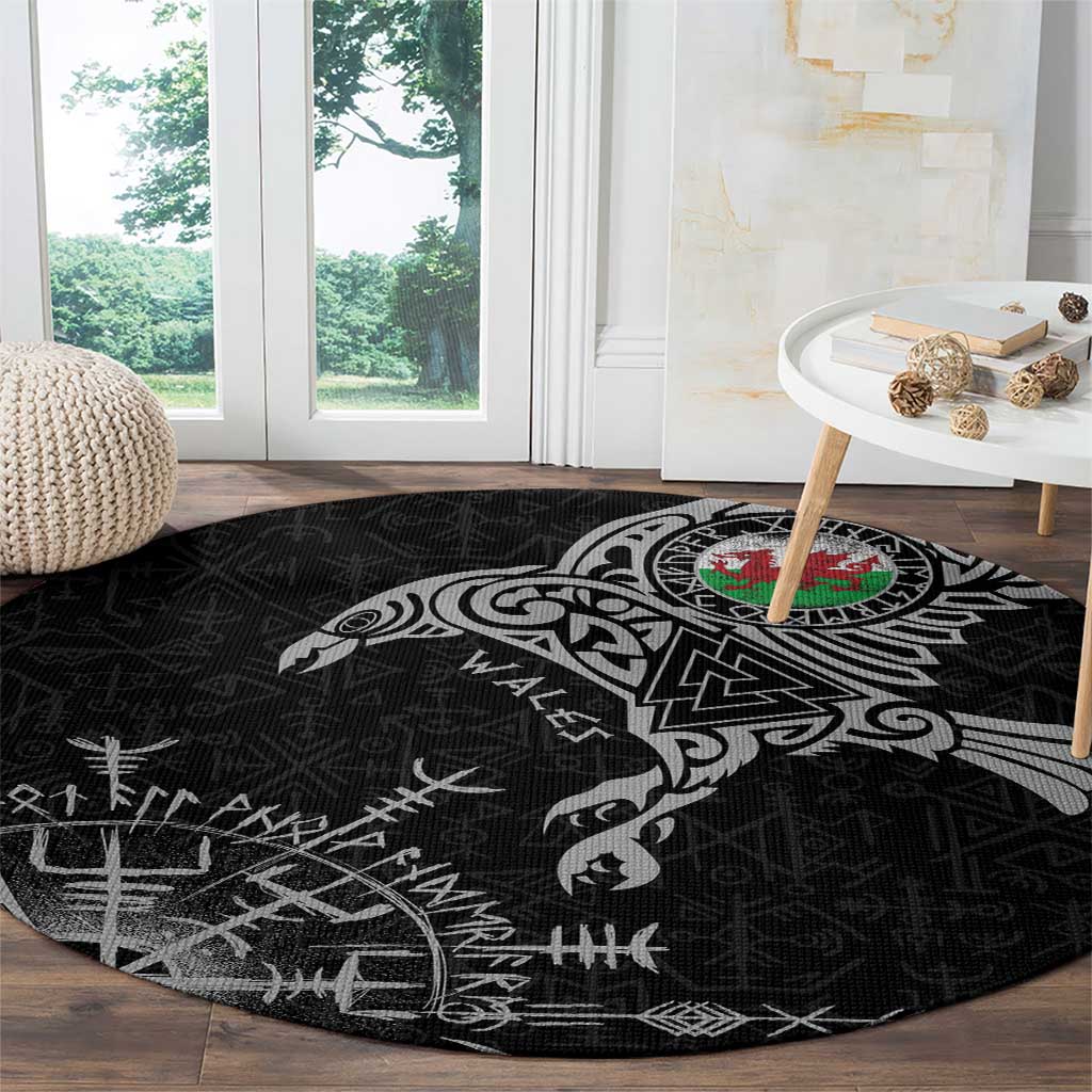 Wales Viking Ravens Round Carpet Vegvisir Runes Pattern - Wonder Print Shop