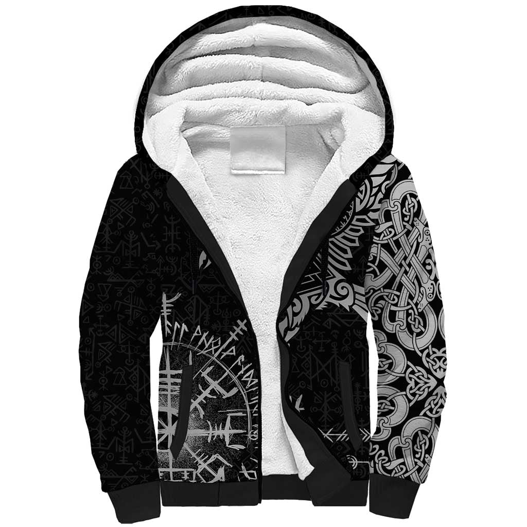 Wales Viking Ravens Sherpa Hoodie Vegvisir Runes Pattern - Wonder Print Shop