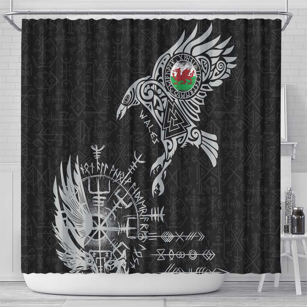 Wales Viking Ravens Shower Curtain Vegvisir Runes Pattern - Wonder Print Shop
