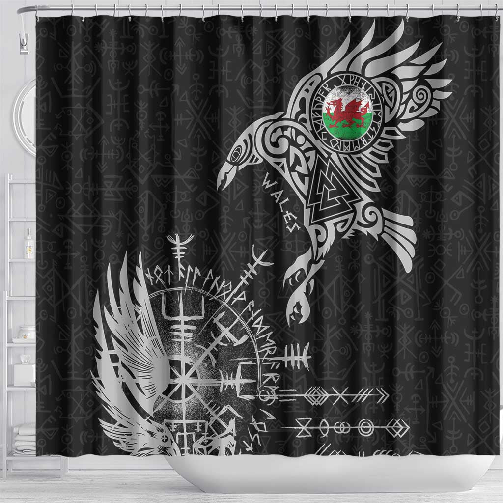 Wales Viking Ravens Shower Curtain Vegvisir Runes Pattern - Wonder Print Shop