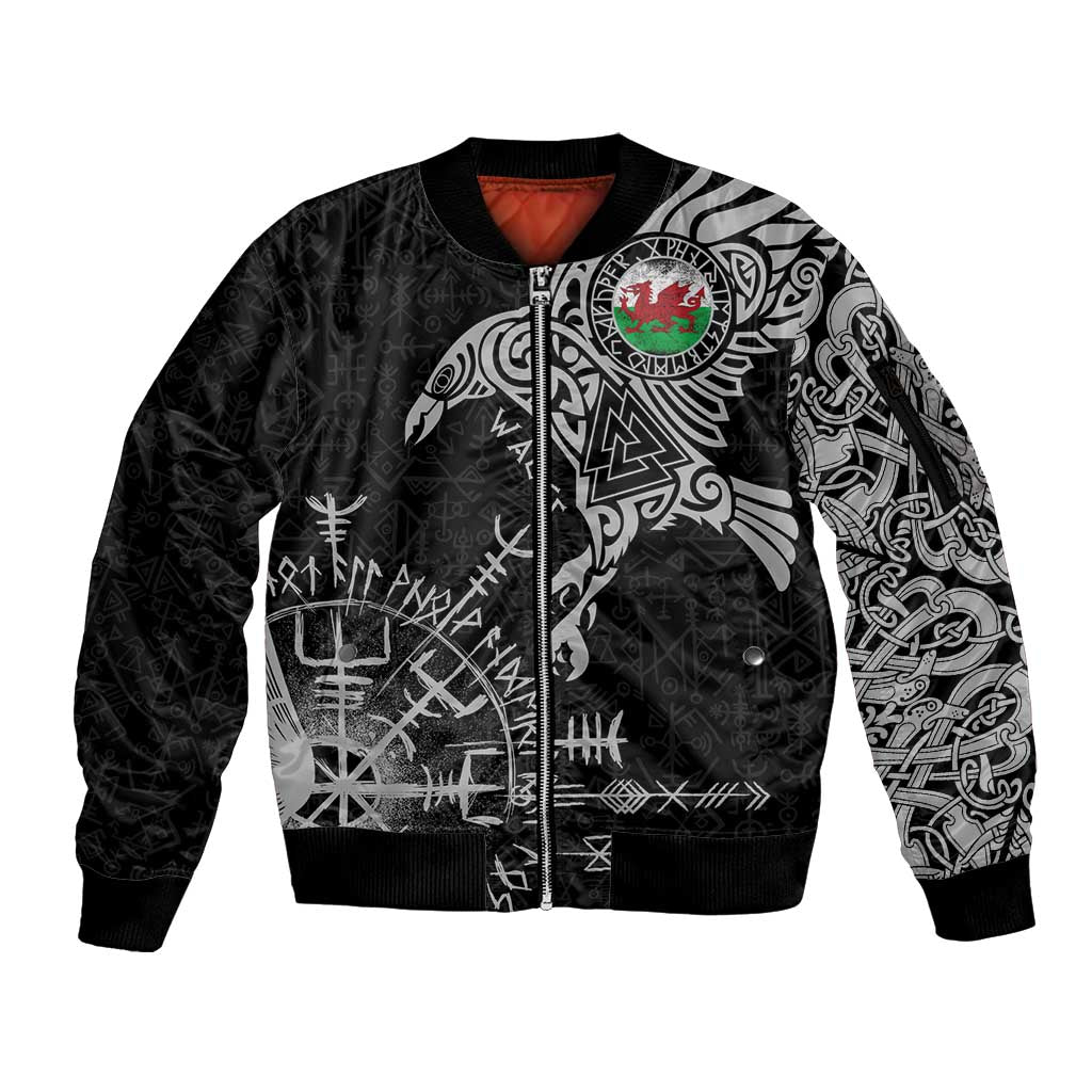 Wales Viking Ravens Sleeve Zip Bomber Jacket Vegvisir Runes Pattern - Wonder Print Shop