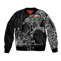 Wales Viking Ravens Sleeve Zip Bomber Jacket Vegvisir Runes Pattern - Wonder Print Shop