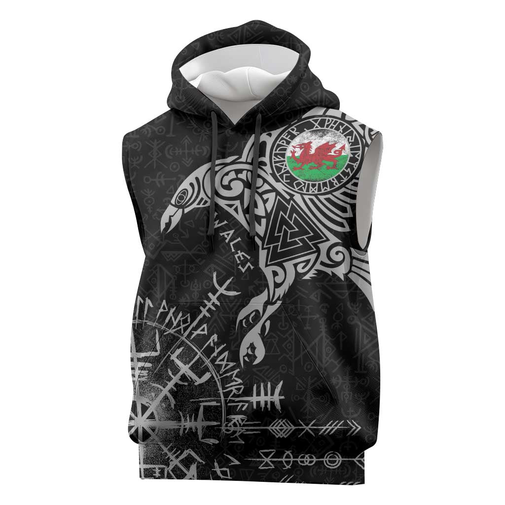 Wales Viking Ravens Sleeveless Hoodie Vegvisir Runes Pattern - Wonder Print Shop